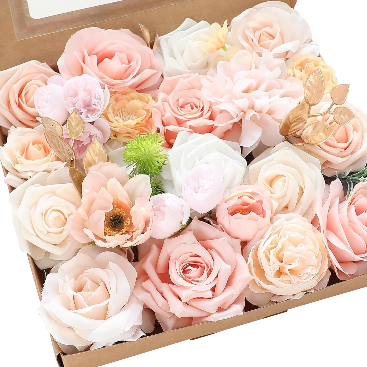 Blush Peach Pink Artificial Flowers Cream Fake Roses Peonies and Greenery Combo Box Set for DIY Wedding Bouquets Bridal Shower Centerpieces Floral Arrangements Party Tables Home Decorations